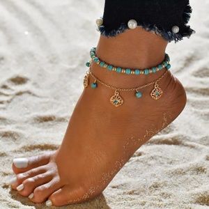 Two layer bohemian ankle bracelet set.